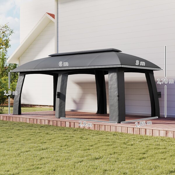 Outsunny Pavilon, 3 x 6 m Party Stan s Dvojitou Střechou, Zahradní Altán, Pivní Stan s Moskytiérami pro až 15 Osob, pro Zahradu, Železo Pozinkované, T