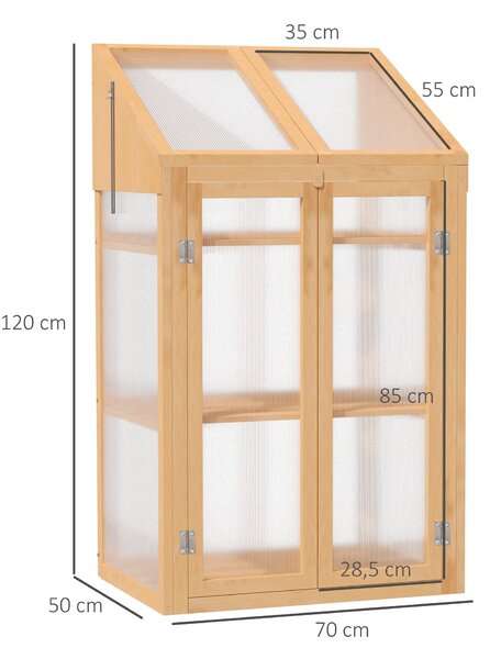 Outsunny dřevěný studený rám, mini skleník 70 x 50 x 120 cm, skleník s krytem, oknem, dvoukřídlými dveřmi, světlo-propustný studený rám se 3 policemi