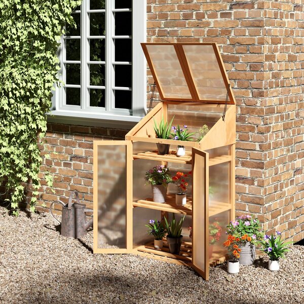 Outsunny dřevěný studený rám, mini skleník 70 x 50 x 120 cm, skleník s krytem, oknem, dvoukřídlými dveřmi, světlo-propustný studený rám se 3 policemi