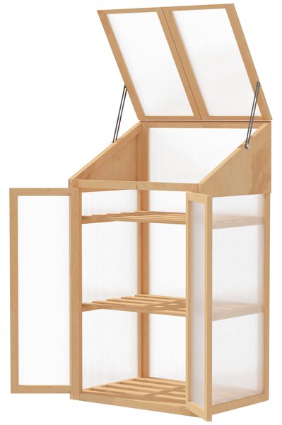 Outsunny dřevěný studený rám, mini skleník 70 x 50 x 120 cm, skleník s krytem, oknem, dvoukřídlými dveřmi, světlo-propustný studený rám se 3 policemi