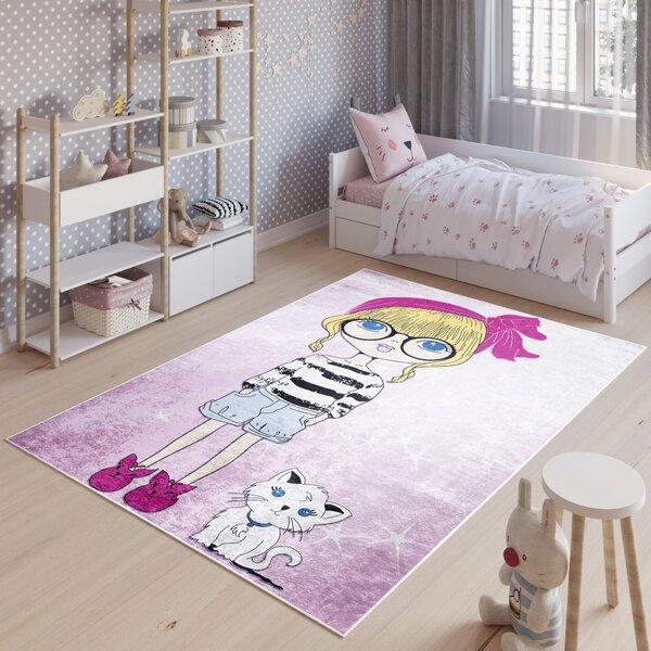 Chemex Dětský koberec Emma Kids - dívka a kočička - růžový Rozměr koberce: 80x150 cm