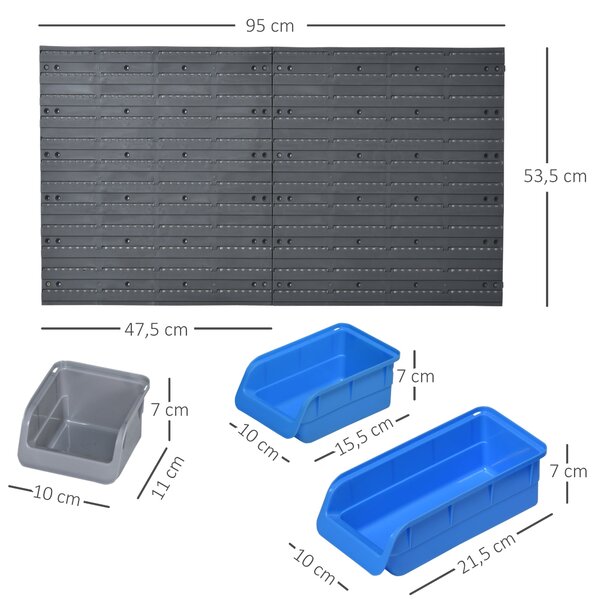 DURHAND Nástěnná police s různými boxy 44 ks na nářadí, 54x22x95 cm | Aosom