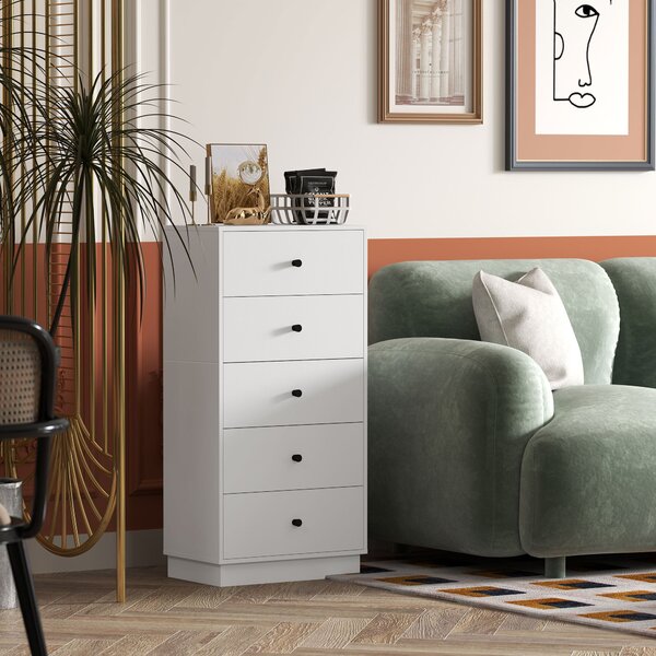 HOMCOM Komoda se 5 zásuvkami, dřevěný úložný kabinet v moderním stylu, 47 x 29 x 95 cm, bílá | Aosom