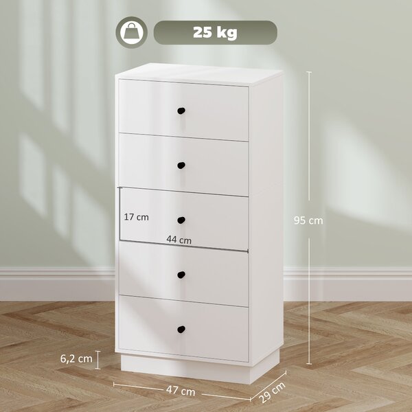 HOMCOM Komoda se 5 zásuvkami, dřevěný úložný kabinet v moderním stylu, 47 x 29 x 95 cm, bílá | Aosom