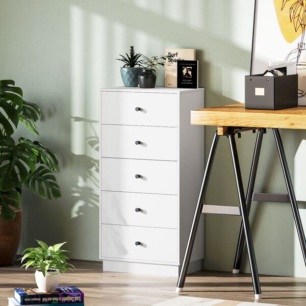 HOMCOM Komoda se 5 zásuvkami, dřevěný úložný kabinet v moderním stylu, 47 x 29 x 95 cm, bílá | Aosom