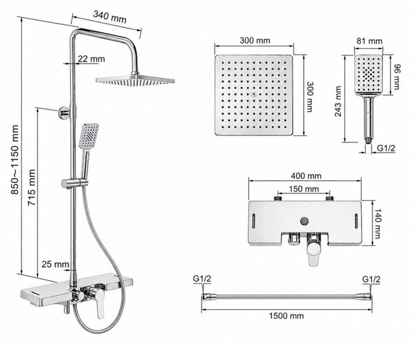 Erga Oslo, sprchový set s baterií, poličkou, výtokem a hlavovou sprchou 30×30 cm, chromová, ERG-YKA-BP.OSLO-30-CHR