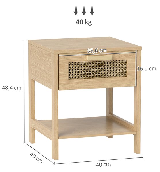 HOMCOM Noční stolky s šuplíkem, policí a designem z ratanu pro ložnici a obývací pokoj, přírodní 40 cm x 40 cm x 49 cm | Aosom