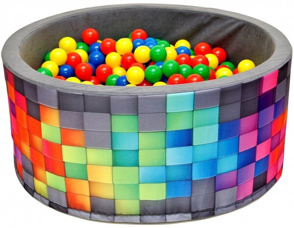 Suchý bazén pro děti 90x40cm kruhový tvar + 200 balónků - šedý, barevné kostičky, Nellys