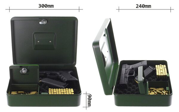 Kazeta na krátké zbraně GUNBOX, 90 x 300 x 240 mm, mechanický - na klíč