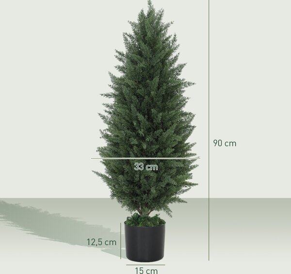 HOMCOM Umělý cypřiš 2dílná sada, velká 90 cm umělá rostlina, umělé rostliny v květináči, UV-odolný umělý strom, jako skutečná dekorace pro obývací pok