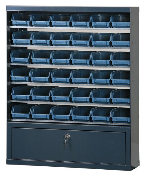 Závěsný regál s plastovými boxy BASIC a přihrádkou, 36 boxů