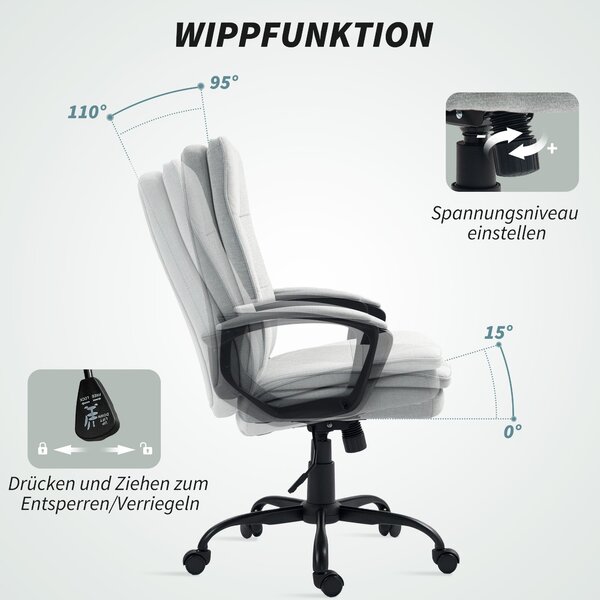 Ergonomická kancelářská židle HOMCOM s opěrkami, výškově nastavitelná otočná židle s houpací funkcí, vzhled lnu, tuftovaná počítačová židle, šedá | Ao