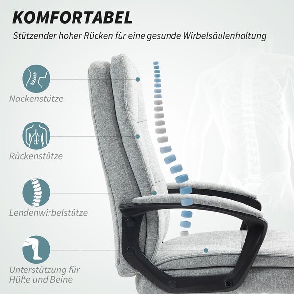 Ergonomická kancelářská židle HOMCOM s opěrkami, výškově nastavitelná otočná židle s houpací funkcí, vzhled lnu, tuftovaná počítačová židle, šedá | Ao