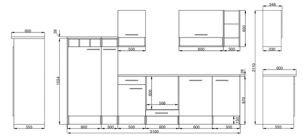 KUCHYŇSKÝ BLOK BEZ SPOTŘEBIČŮ 310 cm Respekta - Online Only kuchyňské linky, Online Only