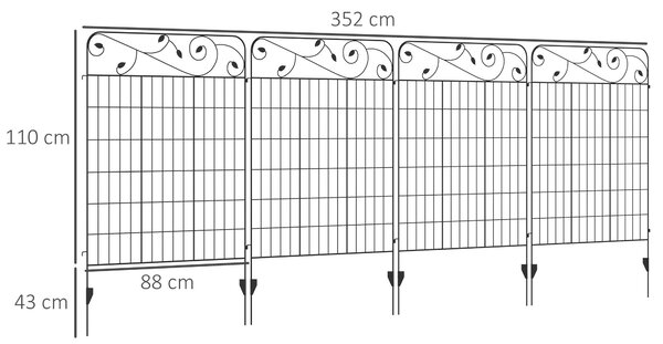 Outsunny 4dílný zahradní plot 3,52 x 1,1 m dekorativní mřížkový plot z drátu pro zahradu, balkon, kov, černý | Aosom