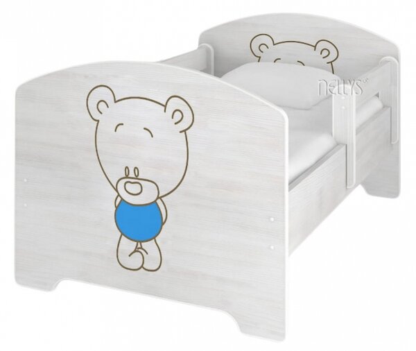 NELLYS Dětská postel BABY BEAR modrý v barvě norské borovice + matrace zdarma