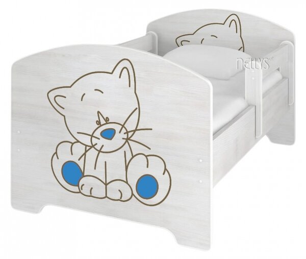 NELLYS Dětská postel Kočička modrá v barvě norské borovice + matrace zdarma