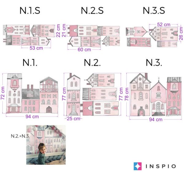 INSPIO-textilní přelepitelná samolepka - Samolepky na zeď - Růžovo-bílé domečky ve městě
