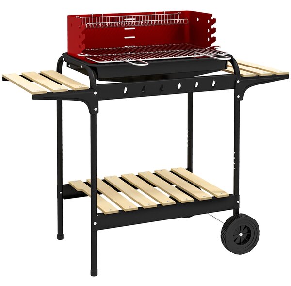 Outsunny Záhradní Kovový Uhlík Gril BBQ Smokery s Kolíky, Nastavitelný Grilovat Výšku, Dřevěná Police, Přenosný Grilový Vozík, BBQ pro Grilování a Kem