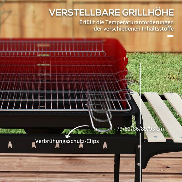 Outsunny Záhradní Kovový Uhlík Gril BBQ Smokery s Kolíky, Nastavitelný Grilovat Výšku, Dřevěná Police, Přenosný Grilový Vozík, BBQ pro Grilování a Kem