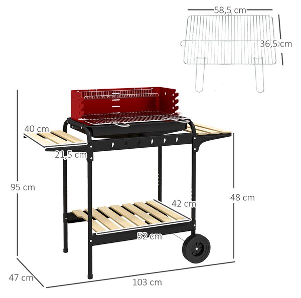 Outsunny Záhradní Kovový Uhlík Gril BBQ Smokery s Kolíky, Nastavitelný Grilovat Výšku, Dřevěná Police, Přenosný Grilový Vozík, BBQ pro Grilování a Kem