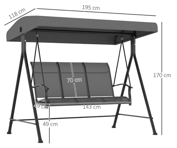 Outsunny Hollywoodský houpací gauč pro 3 osoby, zahradní houpací lavice s nastavitelnou stříškou, nosnost až 240 kg, kov, textil, tmavě šedá, 195 x 11