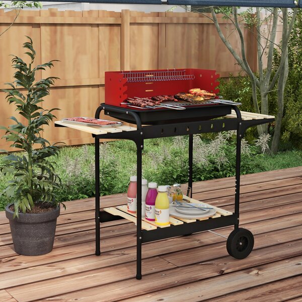 Outsunny Záhradní Kovový Uhlík Gril BBQ Smokery s Kolíky, Nastavitelný Grilovat Výšku, Dřevěná Police, Přenosný Grilový Vozík, BBQ pro Grilování a Kem
