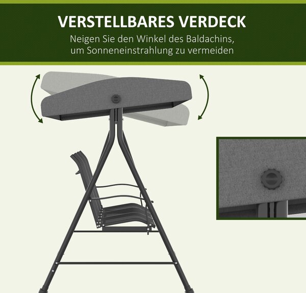 Outsunny Hollywoodský houpací gauč pro 3 osoby, zahradní houpací lavice s nastavitelnou stříškou, nosnost až 240 kg, kov, textil, tmavě šedá, 195 x 11