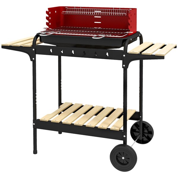 Outsunny Záhradní Kovový Uhlík Gril BBQ Smokery s Kolíky, Nastavitelný Grilovat Výšku, Dřevěná Police, Přenosný Grilový Vozík, BBQ pro Grilování a Kem