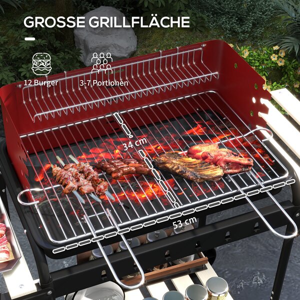 Outsunny Záhradní Kovový Uhlík Gril BBQ Smokery s Kolíky, Nastavitelný Grilovat Výšku, Dřevěná Police, Přenosný Grilový Vozík, BBQ pro Grilování a Kem