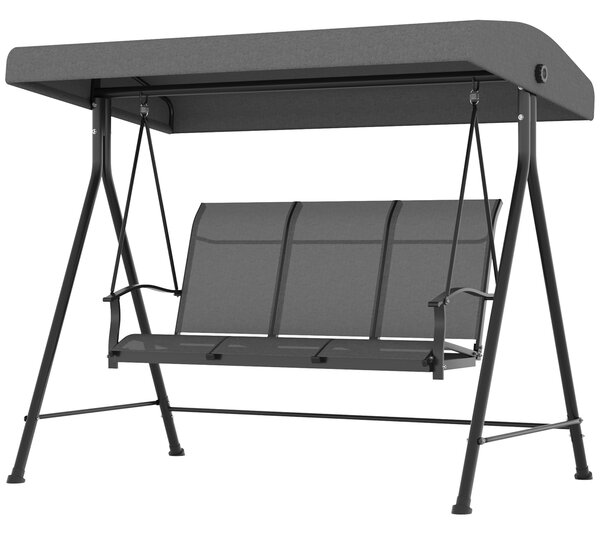 Outsunny Hollywoodský houpací gauč pro 3 osoby, zahradní houpací lavice s nastavitelnou stříškou, nosnost až 240 kg, kov, textil, tmavě šedá, 195 x 11