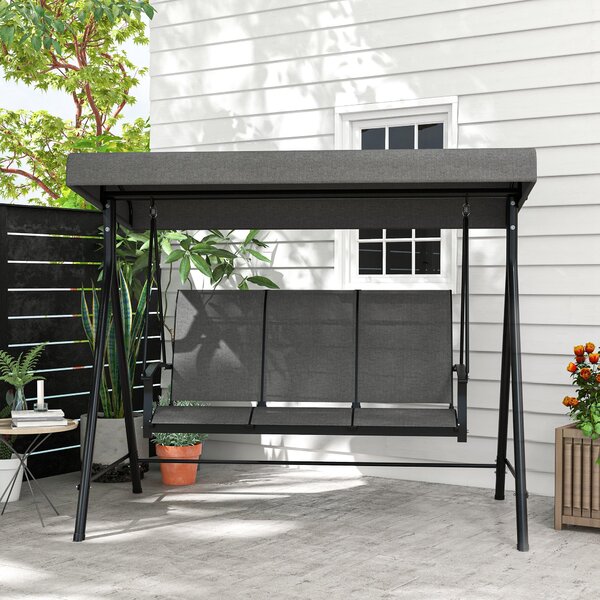 Outsunny Hollywoodský houpací gauč pro 3 osoby, zahradní houpací lavice s nastavitelnou stříškou, nosnost až 240 kg, kov, textil, tmavě šedá, 195 x 11