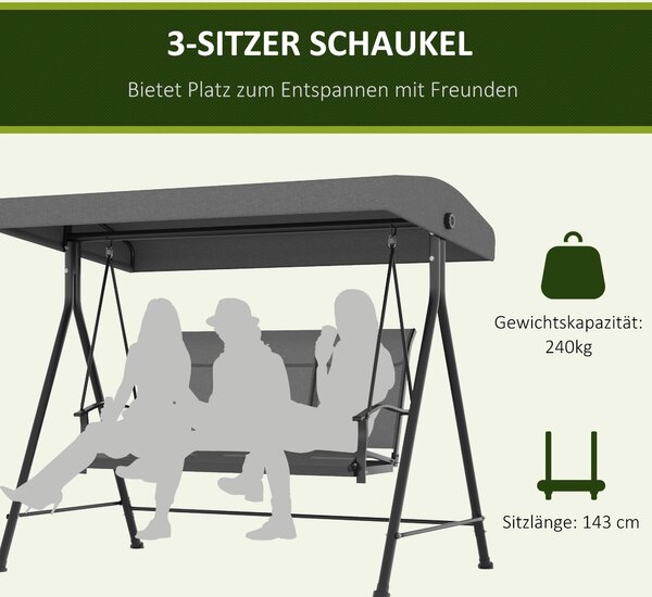 Outsunny Hollywoodský houpací gauč pro 3 osoby, zahradní houpací lavice s nastavitelnou stříškou, nosnost až 240 kg, kov, textil, tmavě šedá, 195 x 11