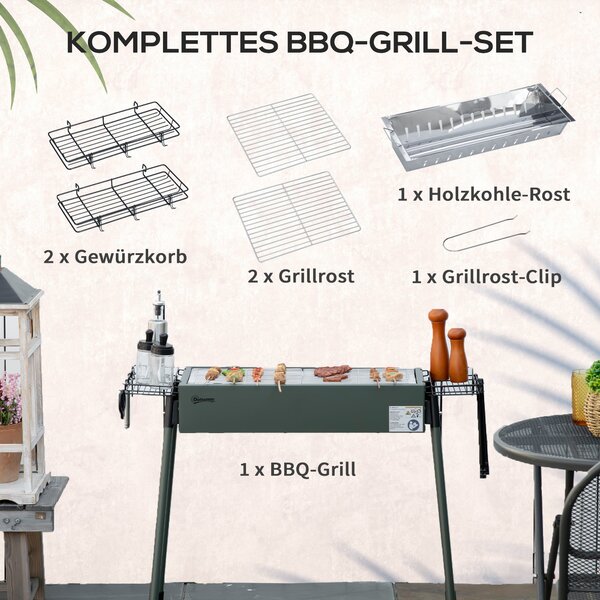 Outsunny Surový Gril z Nerezové Oceli BBQ Kouřák s Grilovací Mřížkou, Zahradní Gril pro BBQ Kempování, Terasu, Zahradu 94 x 39 x 70 cm | Aosom