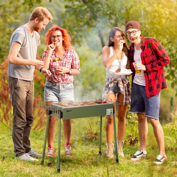 Outsunny Surový Gril z Nerezové Oceli BBQ Kouřák s Grilovací Mřížkou, Zahradní Gril pro BBQ Kempování, Terasu, Zahradu 94 x 39 x 70 cm | Aosom