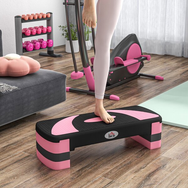 HOMCOM Výškově nastavitelný fitness stepper se 3 úrovněmi (10/15/20 cm) protiskluzový schodící stolek, nosnost až 150 kg pro domácí posilovnu - Růžový