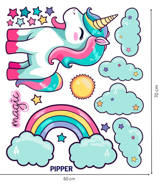 PIPPER. Textilní nálepka na zeď "Jednorožec s obláčky"