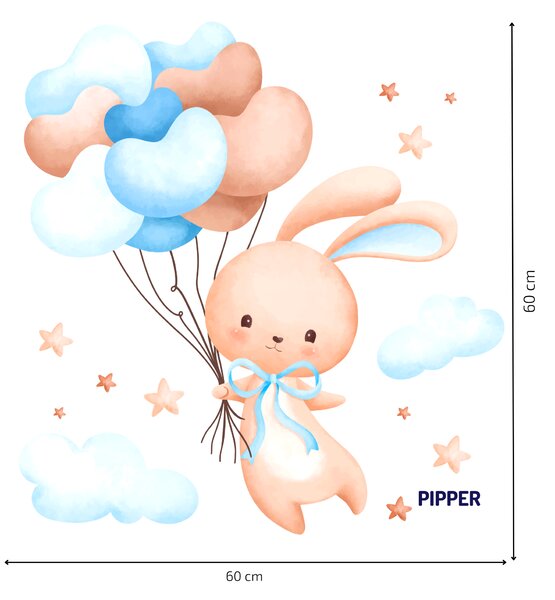 PIPPER. Textilní nálepka na zeď "Zajíček s balony - modrá"