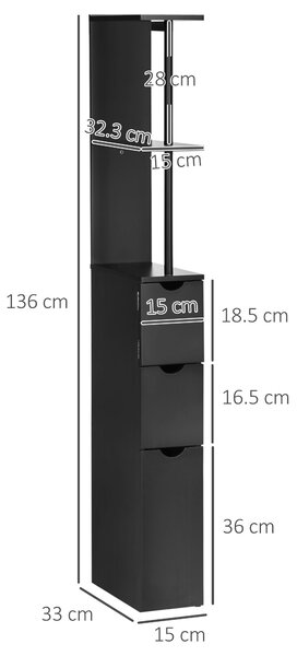 HOMCOM Koupelnová skříňka, úsporná dřevěná koupelnová skříňka s policemi a šuplíky, 15x33x136 cm, Černá | Aosom