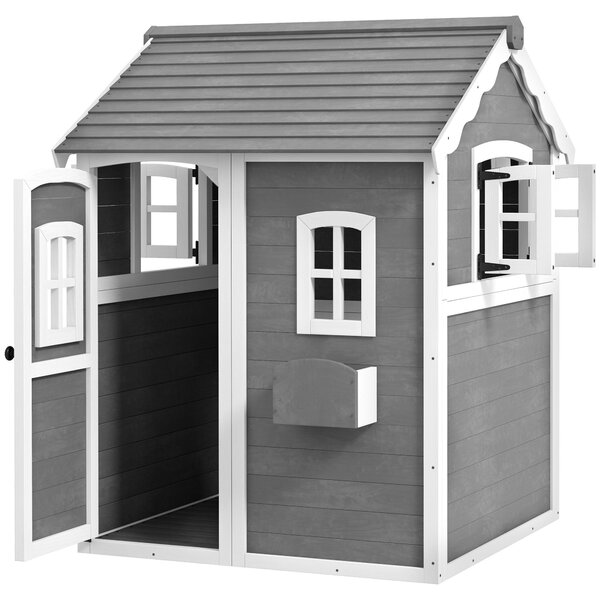 Dětský domeček Outsunny pro děti ve věku 3-8 let se 6 okny a květináčem, dřevěný domeček, 104,5x110x137 cm, Šedý | Aosom