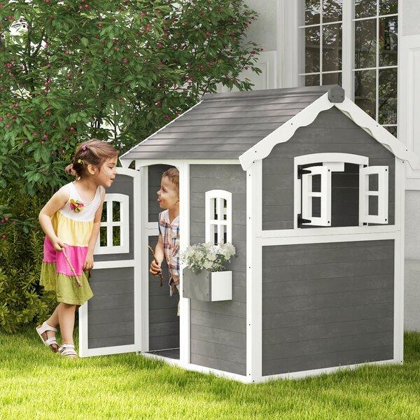 Dětský domeček Outsunny pro děti ve věku 3-8 let se 6 okny a květináčem, dřevěný domeček, 104,5x110x137 cm, Šedý | Aosom