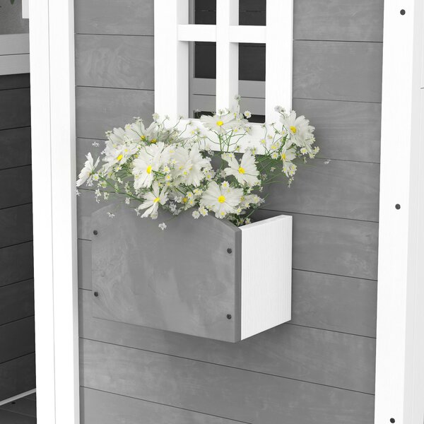 Dětský domeček Outsunny pro děti ve věku 3-8 let se 6 okny a květináčem, dřevěný domeček, 104,5x110x137 cm, Šedý | Aosom