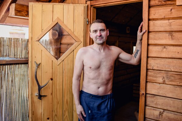 Nelly pánský lněný saunový kilt, barva modrá, velikost 82-125cm