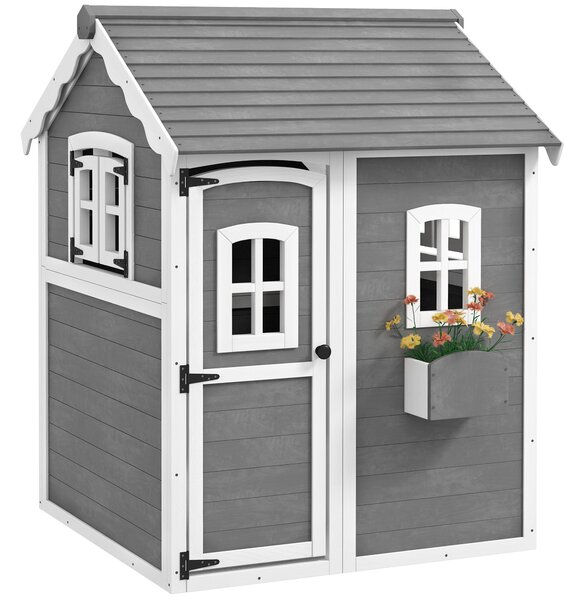 Dětský domeček Outsunny pro děti ve věku 3-8 let se 6 okny a květináčem, dřevěný domeček, 104,5x110x137 cm, Šedý | Aosom