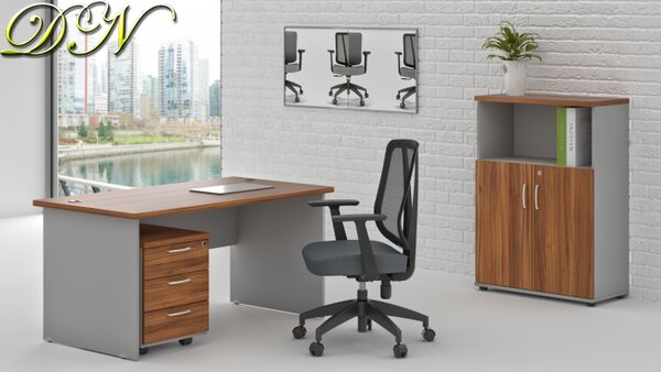 NABYTEK-DESIGNOVY.CZ - Pracovní místo KOMFORT – stůl, kontejner a skříň, ořech/šedá – ZE 1.4 19