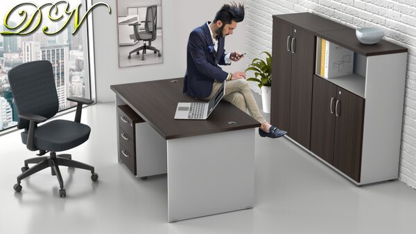 NABYTEK-DESIGNOVY.CZ - Kompletní kancelář pro 1 pracovníka KOMFORT – stůl, kontejner a skříně, kaštan/šedá – ZE 1.6 07