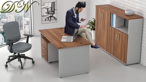 NABYTEK-DESIGNOVY.CZ - Kompletní kancelář pro 1 pracovníka KOMFORT – stůl, kontejner a skříně, ořech/šedá – ZE 1.6 19