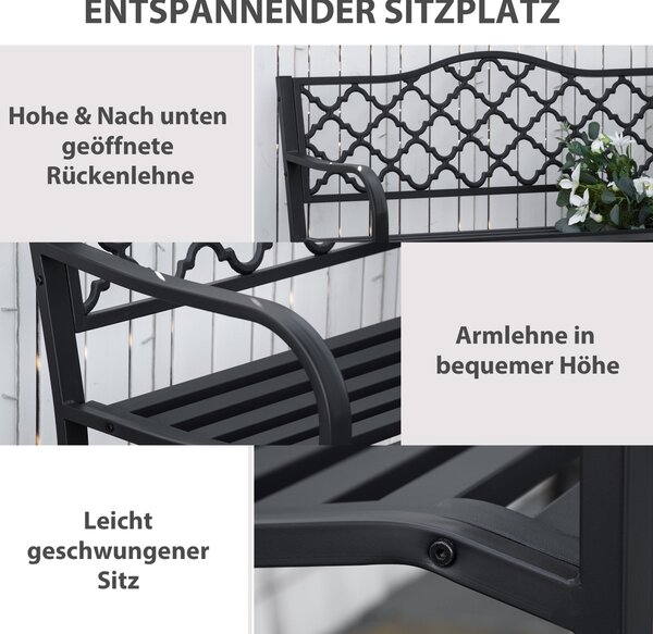 Outsunny Zahradní Lavice pro Dvě Osoby - Kovová Lavice do 240 kg, Lavice s Opěrkou a Rukama, Zahradní Nábytek z Litiny Černá 128 x 58,5 x 89 cm | Aoso