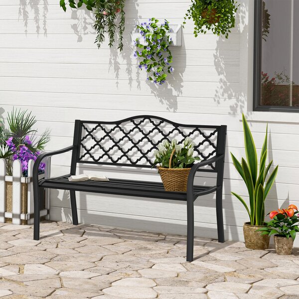 Outsunny Zahradní Lavice pro Dvě Osoby - Kovová Lavice do 240 kg, Lavice s Opěrkou a Rukama, Zahradní Nábytek z Litiny Černá 128 x 58,5 x 89 cm | Aoso