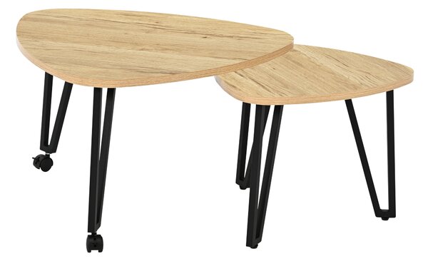 Set designových konferenčních stolků METRA, dekor dub, 63 × 63 × 38 cm, s kovovými nožkami na kolečkách